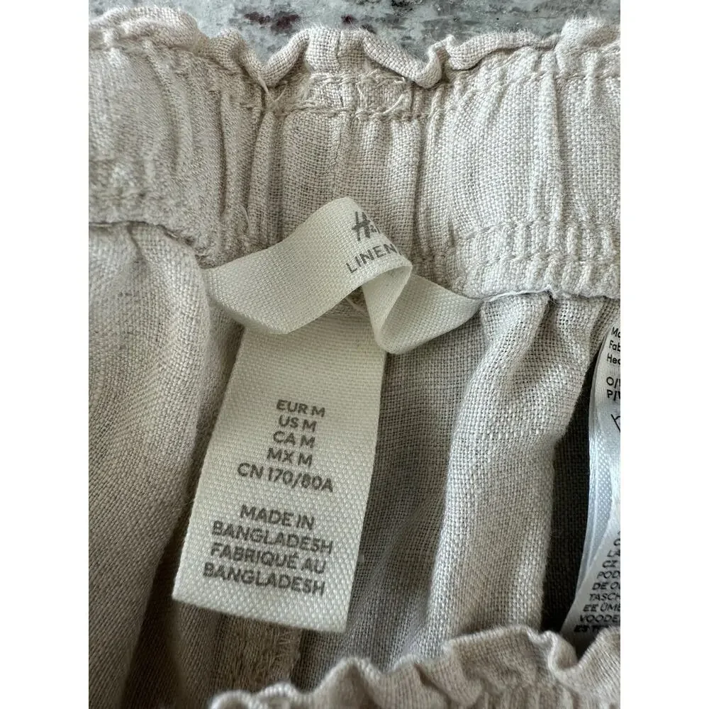 H&M Light Beige 100% Linen loose Wide Leg Trouser Fit Summer Classic Pants Sz M